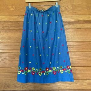 Vintage 70s 80s heart floral embroidered chambray midi skirt